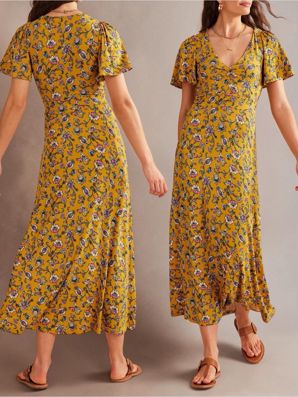Boden Women’s Paisley Flutter Sleeve V-Neck Midi Dress In Yellow Size 16-18R/XL